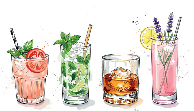 Watercolor cocktail set vector illustration of refreshing alcoholic drinks bloody mary mojito whiskey and lavender lemonade on white