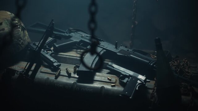 lateral tracking shot of a weapons arsenal stockpile (pistol, kalashnikov, bombshell...)