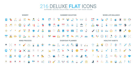 Comprehensive flat icon collection covering winery, summer vacation, work-life balance, mind process, daily planning, and healthy habits themes isolated vector illustration © Iconic Prototype