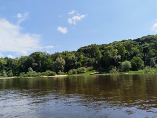 Fototapeta premium lake, water, sky, landscape, clouds, nature, river, beach, summer, travel, panorama, forest