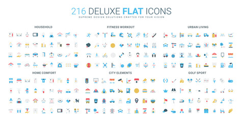 Obraz premium Diverse flat icon set featuring household, fitness, urban lifestyle, home comfort, city elements, and golf sport themes, designed for modern visual communication isolated vector illustration