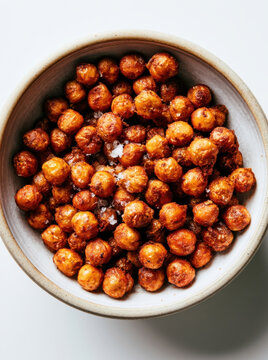 Roasted crispy chickpeas bowl macro shot healthy vegan snack food protein rich vegetarian ingredient crunchy baked garbanzo beans seasoned with sea salt top view minimal background flat