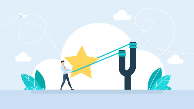 Ambitious businessman pulling a big yellow star with a giant slingshot to launch future success, representing high rating target achievement and corporate motivation. Vector illustration.