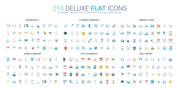 Diverse flat icon set featuring household, fitness, urban lifestyle, home comfort, city elements, and golf sport themes, designed for modern visual communication isolated vector illustration