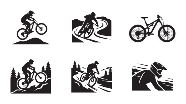 Set of black and white mountain biking silhouette icons.