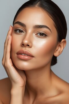 Beautiful young woman with glowing skin and natural makeup posing for beauty portrait.