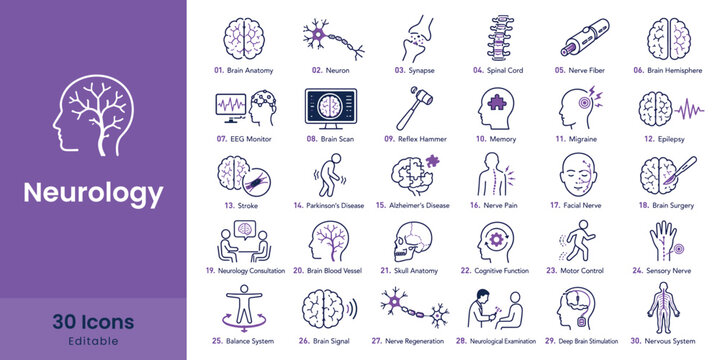 Neurology icons set for medical science and brain health concepts with editable elements