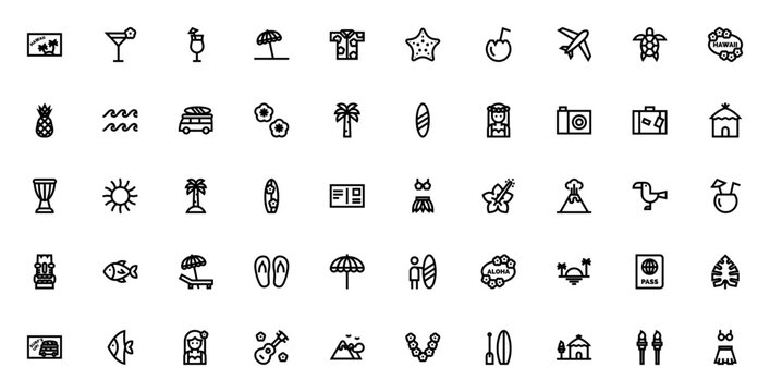 Hawaii icon set. Minimal thin line vector icons. Travel and tropical island pack. Featuring postcard, cocktail, beach umbrella, palm tree, surfboard, hibiscus, volcano, turtle, pineapple, coconut, wav