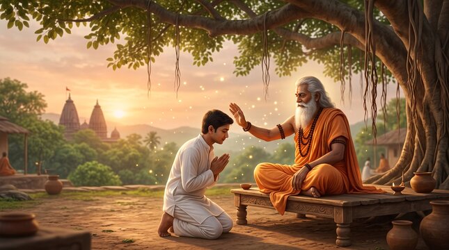 A young student kneeling in respectful prayer receives a divine blessing from an elderly guru under a sacred banyan tree at sunset, capturing the spiritual essence of the Guru Purnima festival.