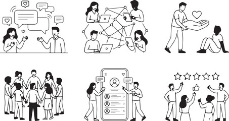 Obraz premium Social media communication, online networking, helping hand, diverse people connecting, vector illustrations, digital interaction.