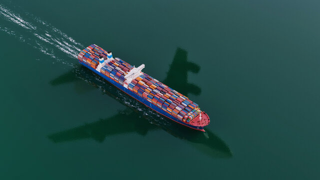 Multimodal global logistics transportation with cargo ship airplane shadow and truck