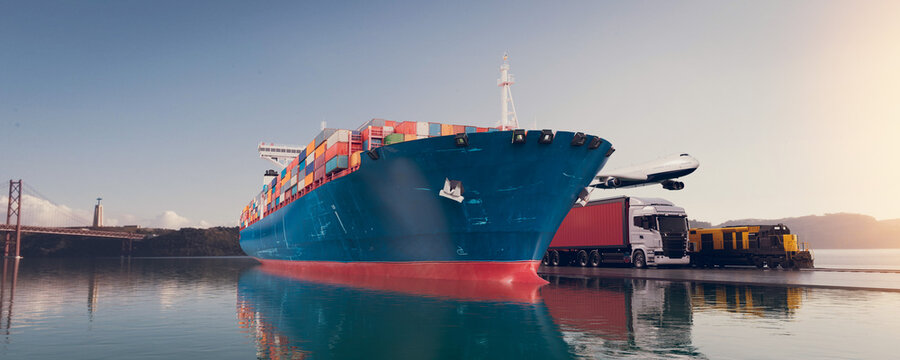Highly realistic global logistics freight concept with cargo ship airplane and truck