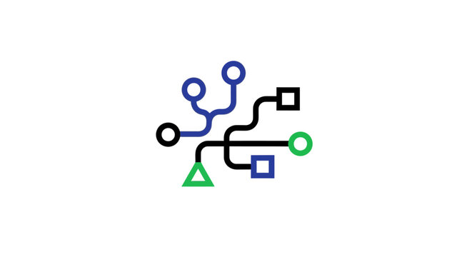 Abstract network diagram with geometric shapes and nodes representing connections
