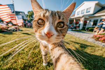 Obraz premium happy cat in the backyard. A summer picnic,selfie