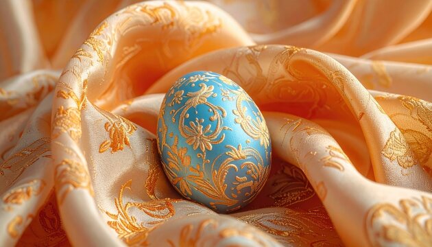 Decorative Easter egg with ornate gold pattern on luxurious fabric