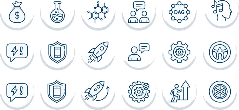 Minimal blue outline vector icons representing finance, science, communication, technology, safety, innovation, progress, and modern business concepts