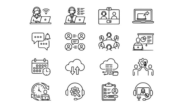 Professional customer support and remote team communication icon set with customer, communication