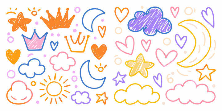 Hand Drawn Doodle Set Of Stars Hearts Clouds And Crowns Illustration