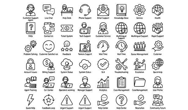 Business customer support and technical help desk service icons with customer technical assistance