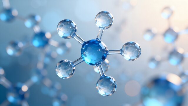 Molecular structure with blue and clear spheres