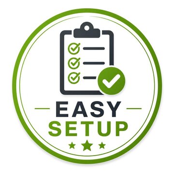 Vibrant green circular badge icon illustrating a checklist on a clipboard with checkmarks and text 'Easy Setup,' symbolizing a smooth and efficient configuration process
