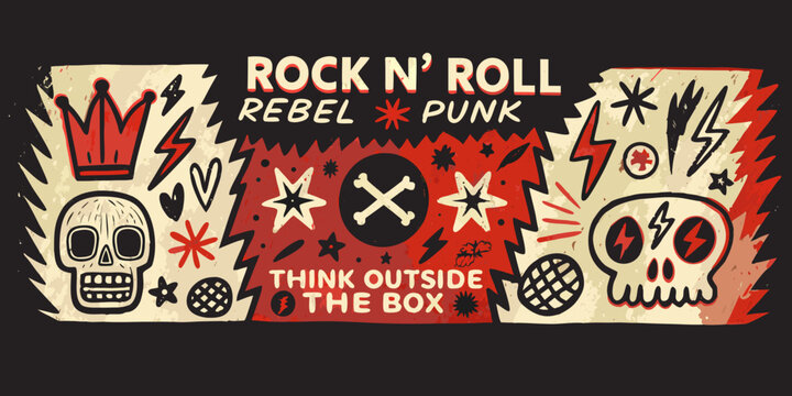 Rock and roll themed vector illustration with skulls stars and lightning bolts