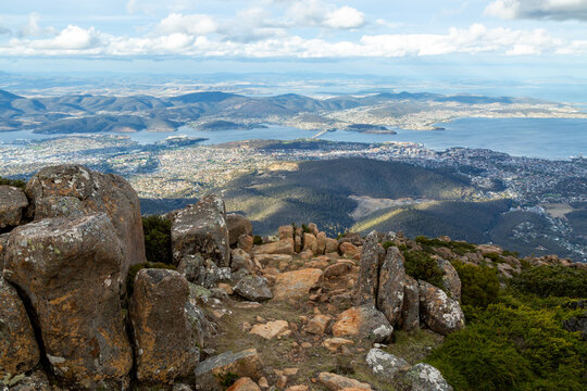 Looking down on the Derwent River estuary and Hobart city from Mount Wellington