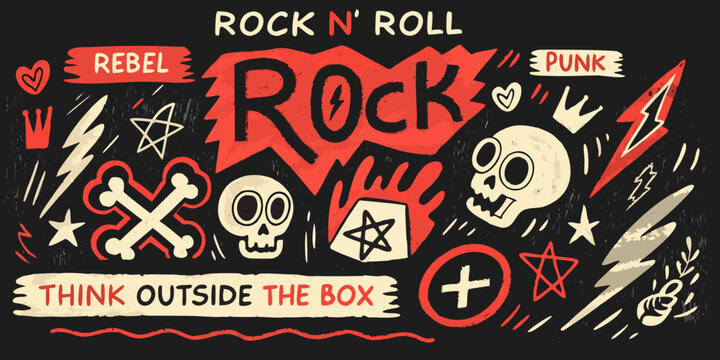 Rock and roll themed vector illustration with skulls lightning and stars
