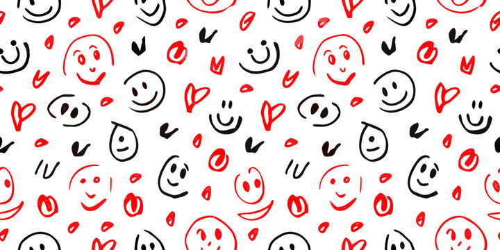 Minimalist face doodles seamless pattern on white background