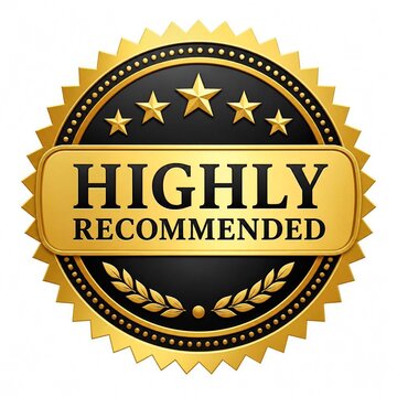 Gold highly recommended guarantee badge with five stars and laurel wreath vector design element