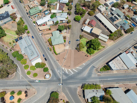 Aerial view of roads spreading out from an intersection in a country town