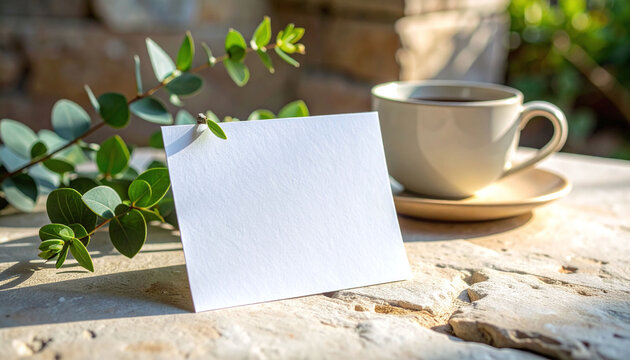 A blank white card stands next to a warm coffee cup and green leaves in bright morning sunlight on a rustic stone surface, evoking a peaceful, cozy start to the day. Nobody.