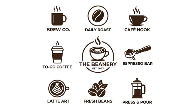 Coffee Shop Icons: Brew, Espresso, Latte Art, Beans, French Press