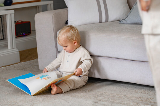 Toddler boy sitting in the loungeroom reading a picture book