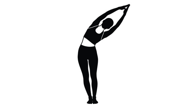 Minimalist black vector illustration showing a slender woman performing a graceful standing side stretch pose