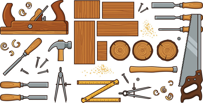 Carpentry tools vector illustration set featuring hand plane chisels hammer hand saw ruler wood planks logs screws and woodworking workshop elements
