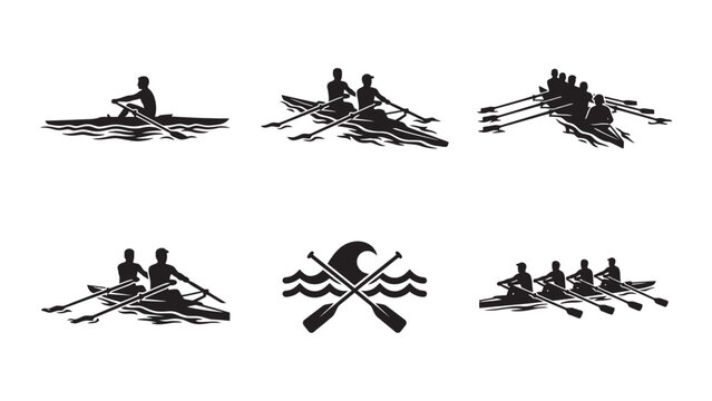 Set of rowing boat silhouettes with athletes and oars.