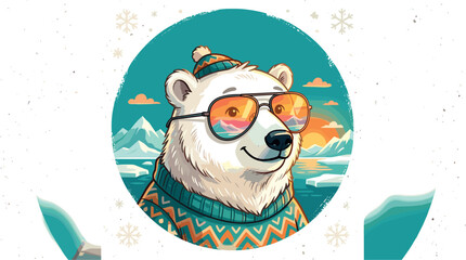 Cool polar bear vector character wearing sunglasses winter beanie hat and sweater inside circle with arctic mountain background for print design © MstBizly