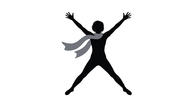 Minimalist black vector illustration of a joyful person jumping with arms and legs spread wide
