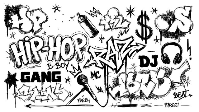 Graffiti Street Art Typography with Hip Hop Symbols, Spray Paint Tags, Dj and Beat Elements in Monochrome Design