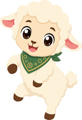 Obraz premium Friendly fluffy sheep cartoon character with green Islamic clothing and cheerful expression. Suitable for children's and Eid themed projects.