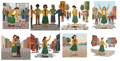 Diverse Community Unity Illustration Set Showing Peace Prayer, Solidarity, Support, and Hope in a City Square © Leann