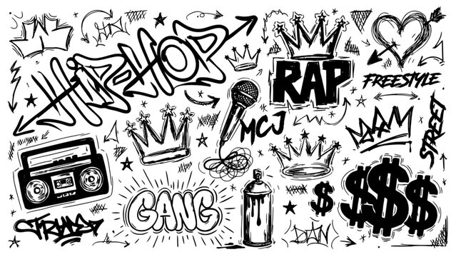 Graffiti Stickers Set with Hip Hop Tags, Spray Paint Effects, Icons, Crowns, Money Symbols and Stars in Monochrome