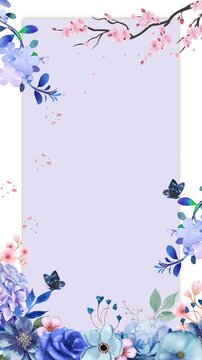 Elegant watercolor floral frame featuring soft blue hydrangea-inspired flowers, delicate pink cherry blossom branches, butterflies, and falling petals. Designed with a spacious copy area, this pastel 