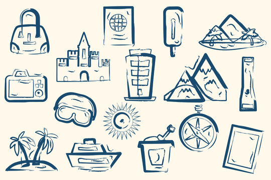 Vintage stamp style summer travel icons hand drawn line art sketchy vector doodles pack