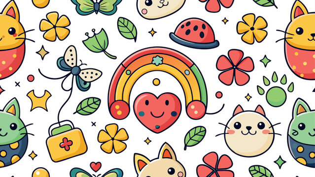 Colorful pattern with horseshoe, four leaf clover and ladybug icons .eps