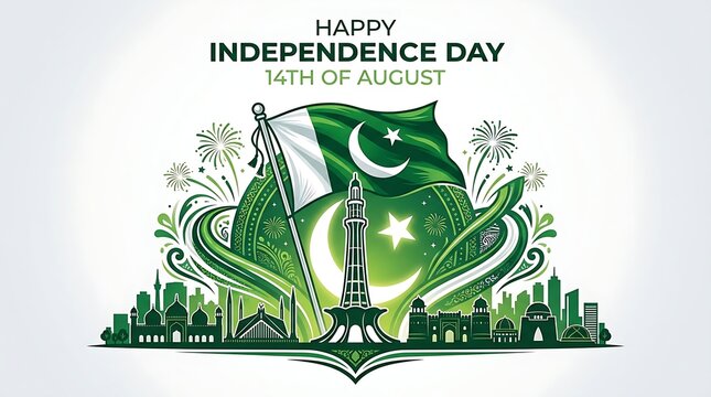 pakistan, independence day, 14 august, pakistani flag, minar-e-pakistan, fireworks, landmarks, islamabad, lahore, karachi, mazar-e-quaid, faisal mosque, badshahi mosque, green, white, patriotic, holid