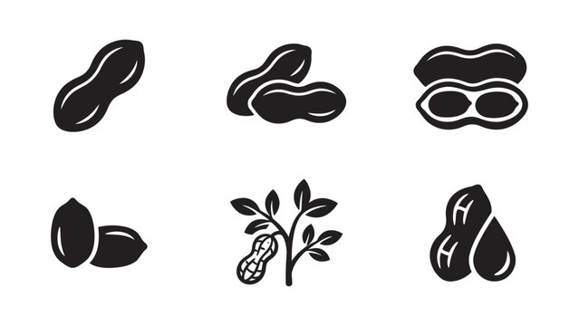 Set of black peanut icons featuring various styles and shapes.