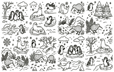 Obraz premium Hand drawn polar animals and winter nature doodle collection