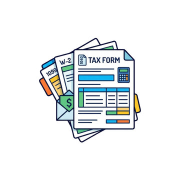 Stack of US tax forms including 1040 1099 and W-2 documents